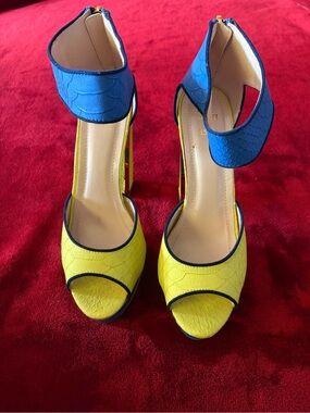 Yellow and Blue Women's Open-Toe Ankle Strap Heels